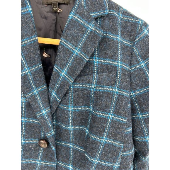 Talbots Womens 6 Wool Blend Navy & Turquoise Plaid Blazer AOP Lining Academia - Picture 2 of 11